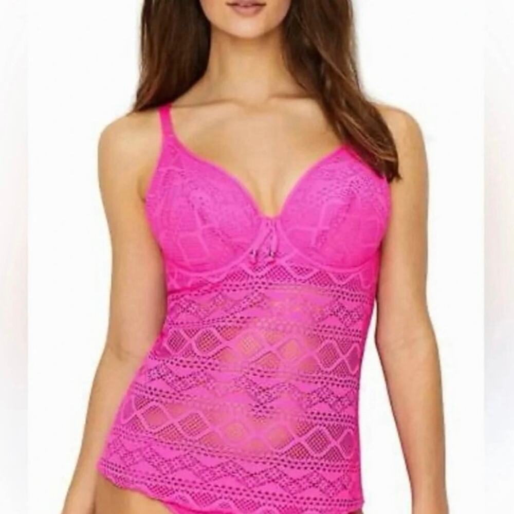 Freya Sundance Hot Pink Crochet Lace Underwire Tankini Swim Top 34F